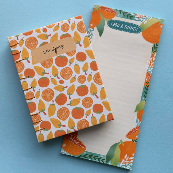 Hand-Bound Tropical Oranges A6 Recipe Journal Gift Set