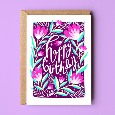 Happy Birthday Purple Florals Card